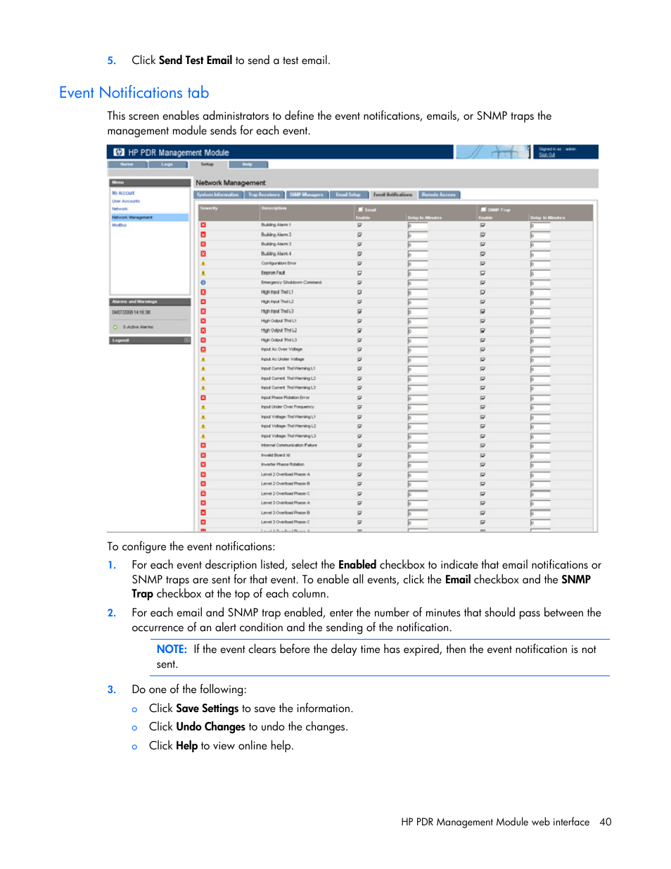 Event notifications tab | HP Power Distribution Unit Management Module User Manual | Page 40 / 77