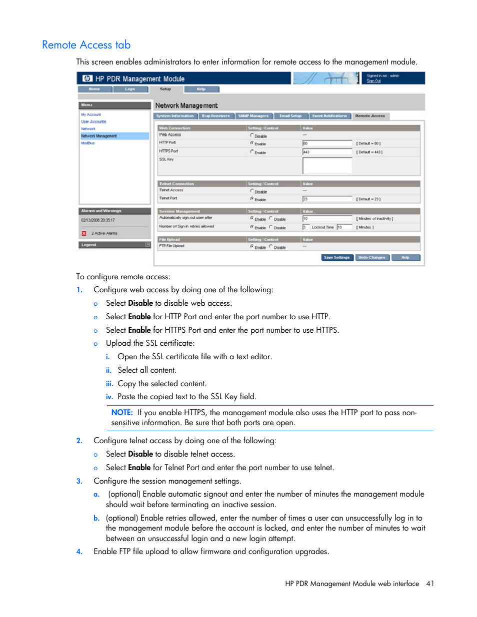 Remote access tab | HP Power Distribution Unit Management Module User Manual | Page 41 / 77