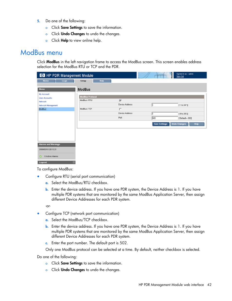 Modbus menu | HP Power Distribution Unit Management Module User Manual | Page 42 / 77