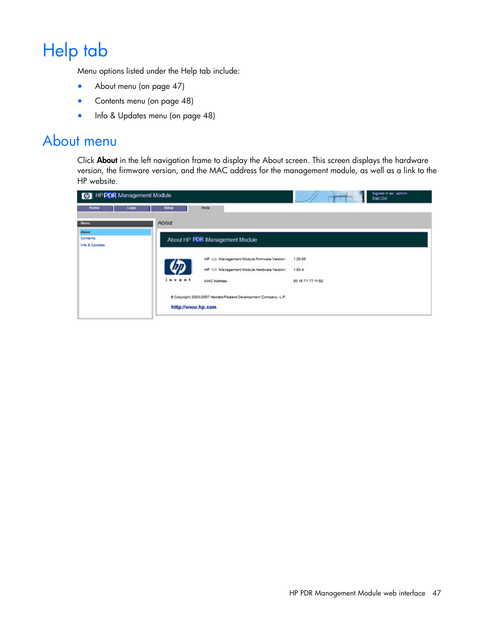 Help tab, About menu | HP Power Distribution Unit Management Module User Manual | Page 47 / 77