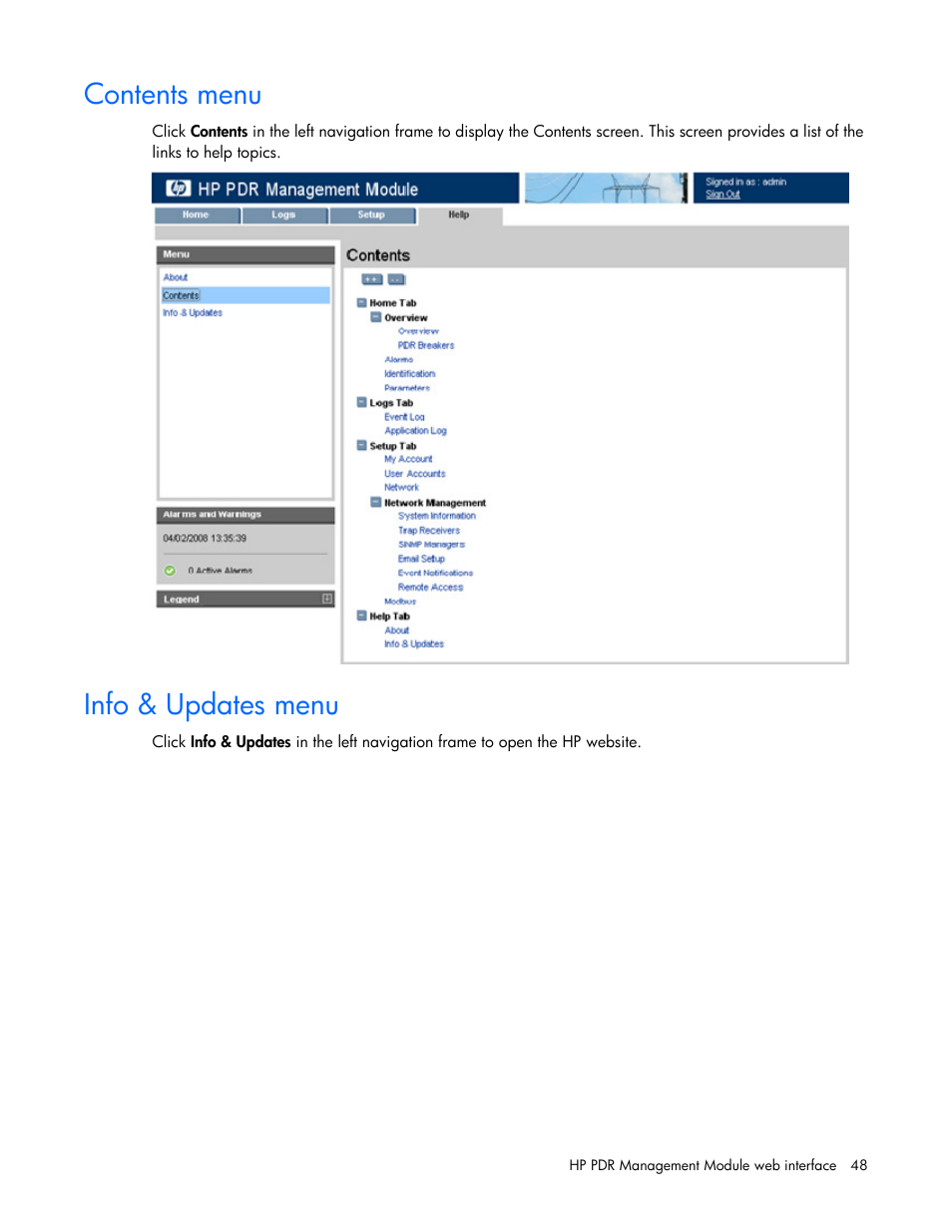 Contents menu, Info & updates menu, Contents menu info & updates menu | HP Power Distribution Unit Management Module User Manual | Page 48 / 77