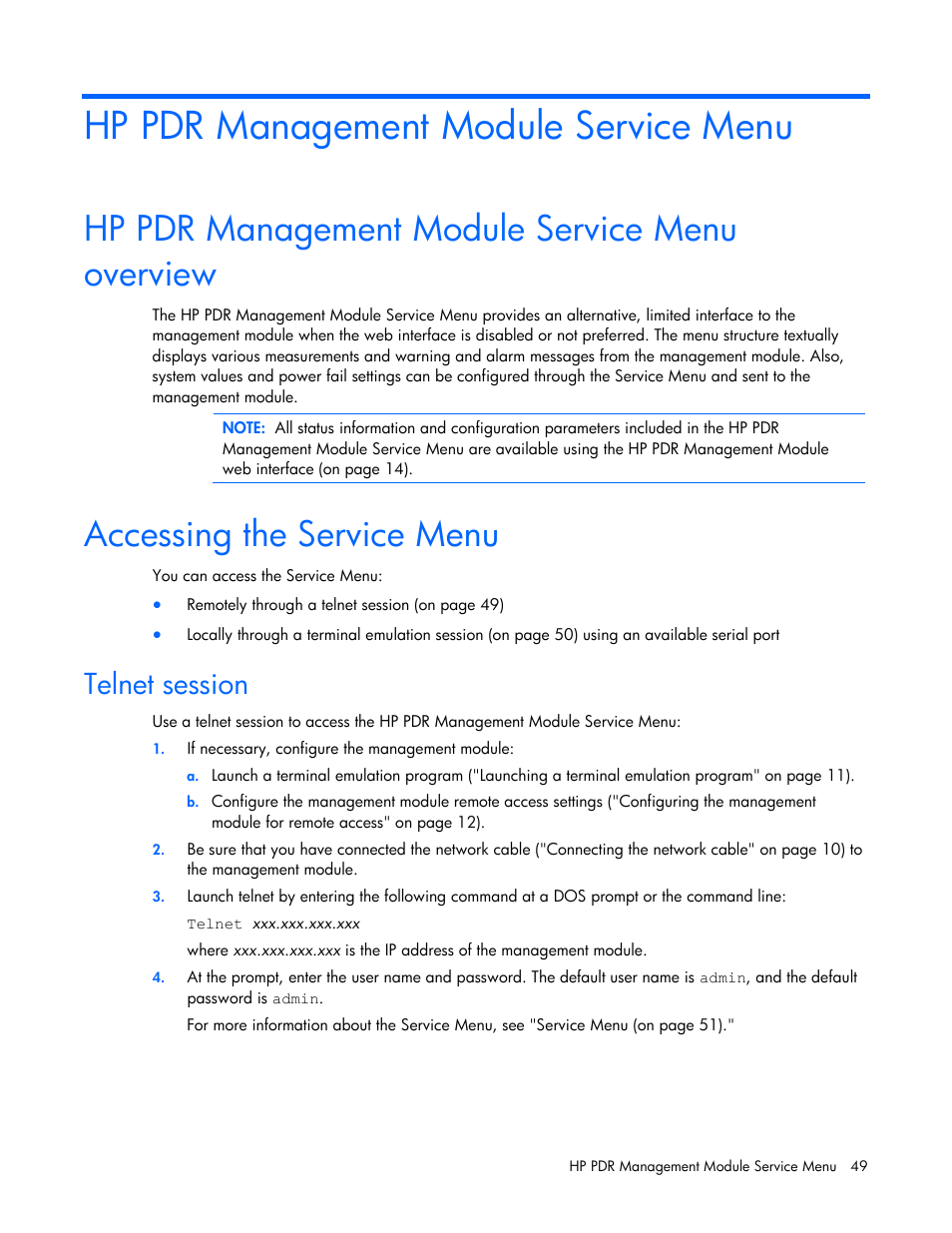 Hp pdr management module service menu, Hp pdr management module service menu overview, Accessing the service menu | Telnet session | HP Power Distribution Unit Management Module User Manual | Page 49 / 77
