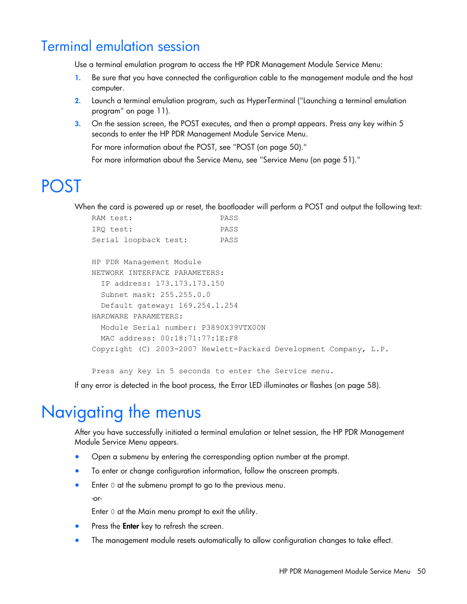 Terminal emulation session, Post, Navigating the menus | Post navigating the menus | HP Power Distribution Unit Management Module User Manual | Page 50 / 77