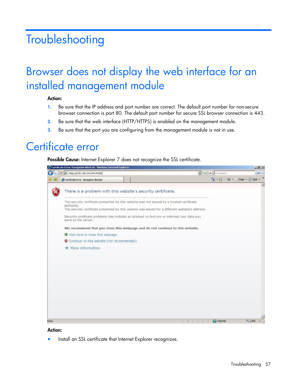 Troubleshooting, Certificate error | HP Power Distribution Unit Management Module User Manual | Page 57 / 77