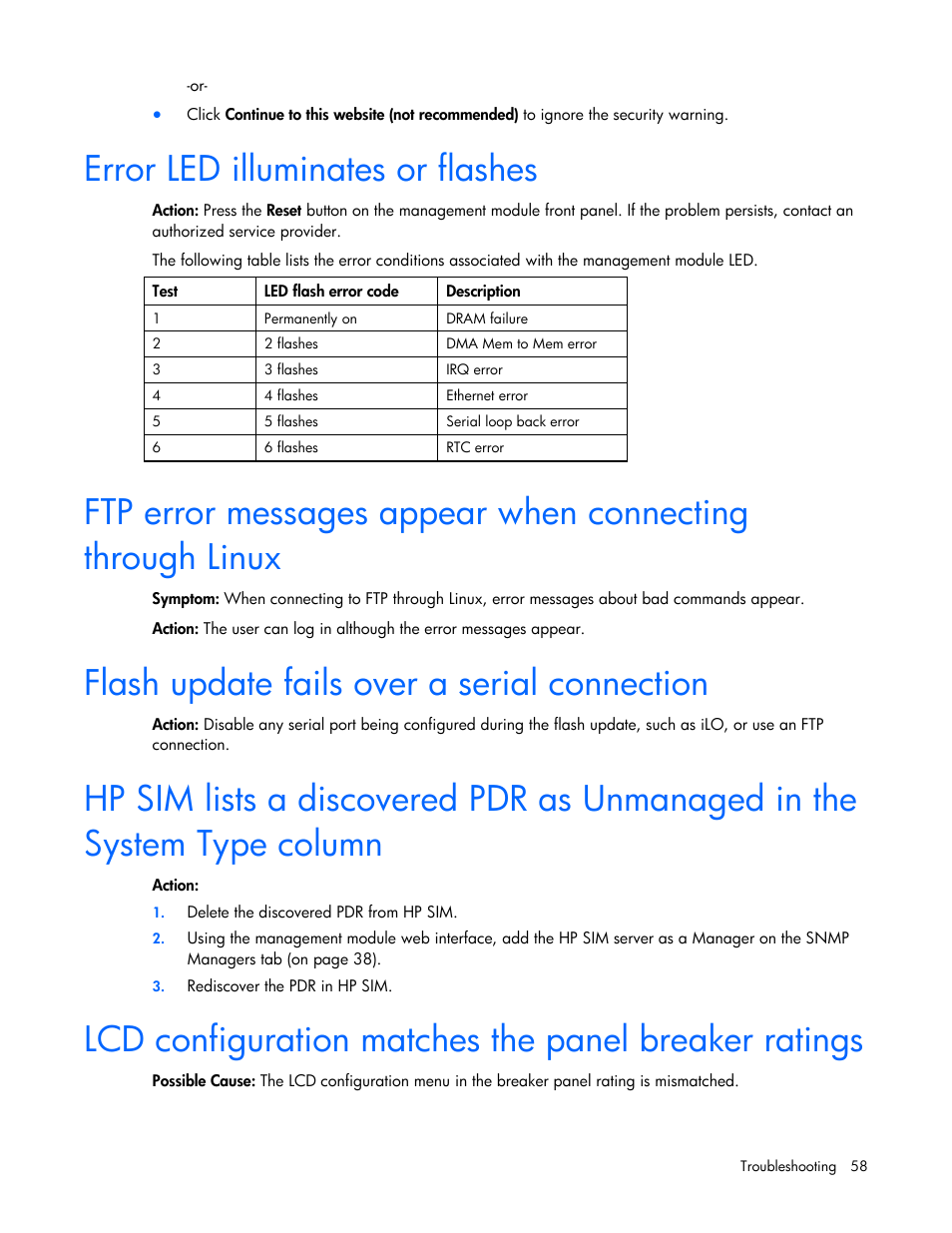 Error led illuminates or flashes, Flash update fails over a serial connection | HP Power Distribution Unit Management Module User Manual | Page 58 / 77