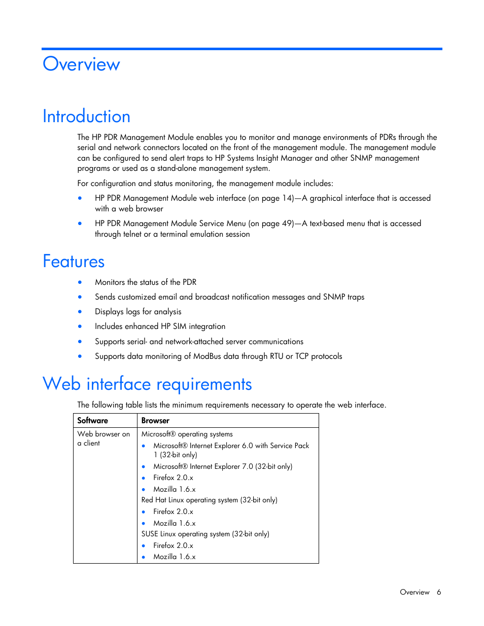 Overview, Introduction, Features | Web interface requirements, Introduction features web interface requirements | HP Power Distribution Unit Management Module User Manual | Page 6 / 77