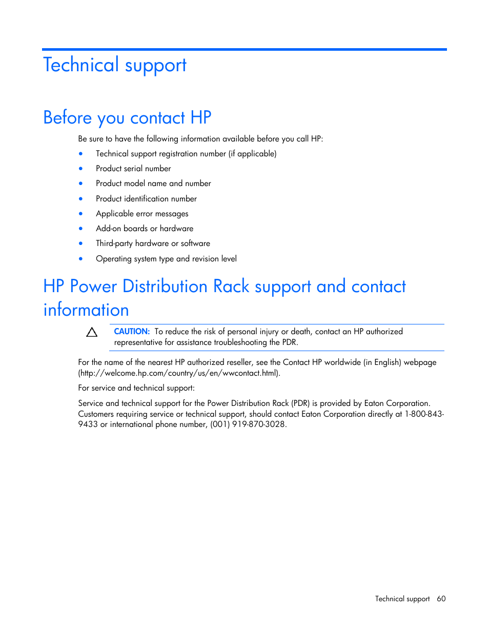Technical support, Before you contact hp | HP Power Distribution Unit Management Module User Manual | Page 60 / 77