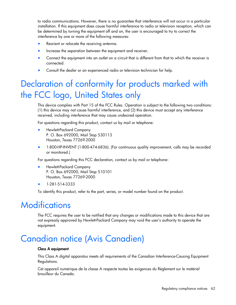 Modifications, Canadian notice (avis canadien) | HP Power Distribution Unit Management Module User Manual | Page 62 / 77