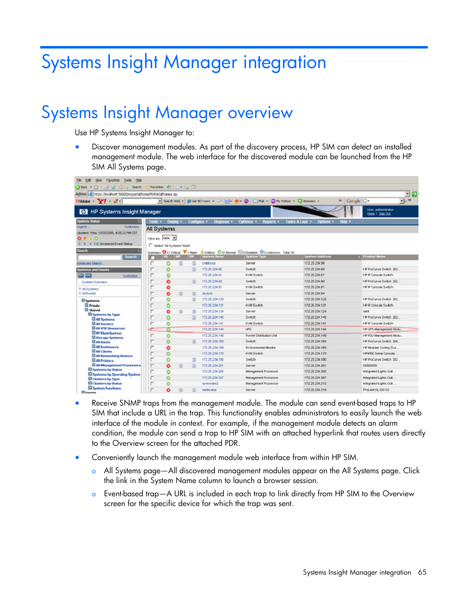 Systems insight manager integration, Systems insight manager overview | HP Power Distribution Unit Management Module User Manual | Page 65 / 77