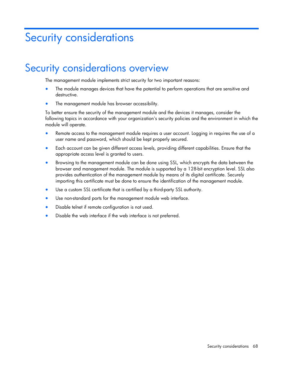 Security considerations, Security considerations overview | HP Power Distribution Unit Management Module User Manual | Page 68 / 77
