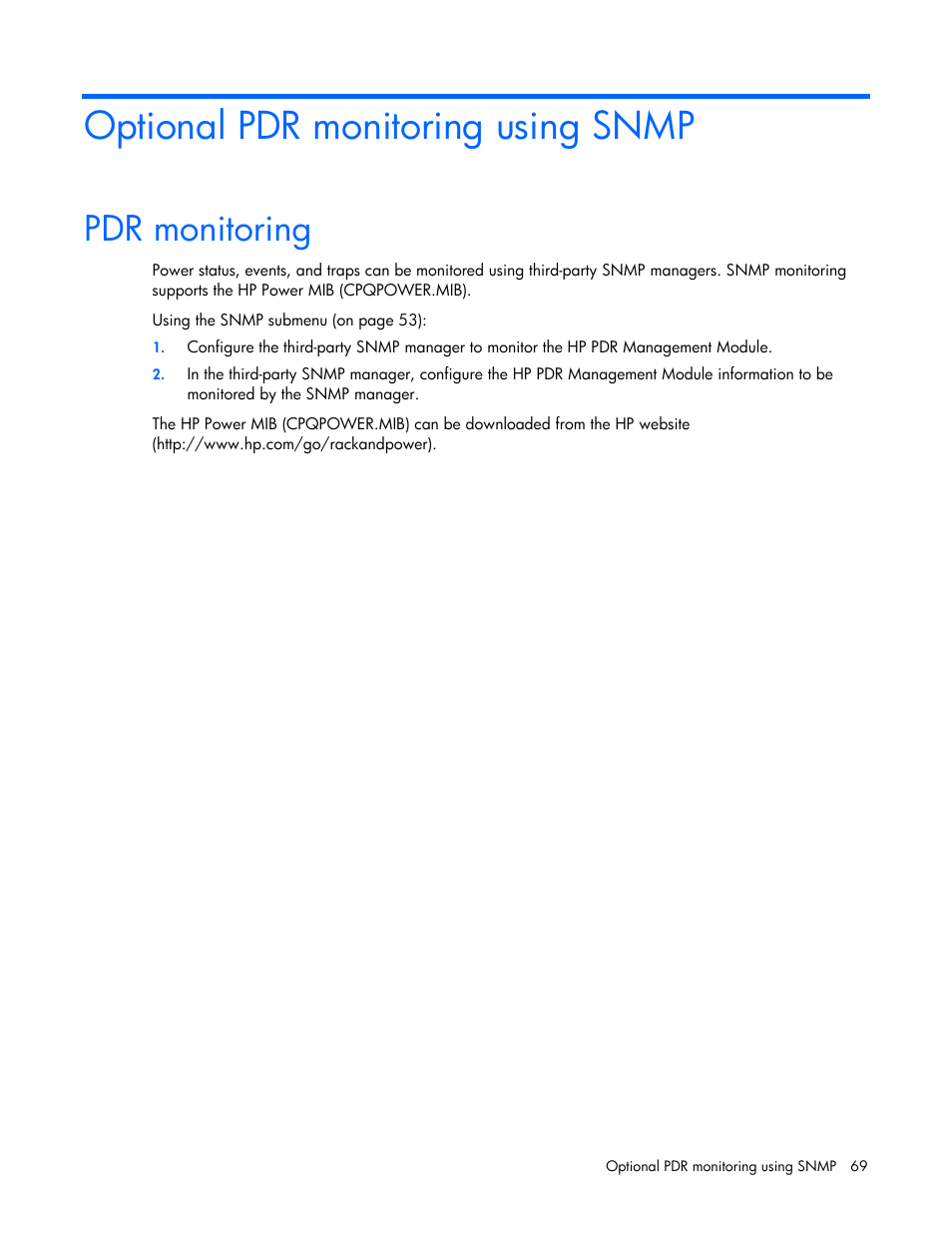 Optional pdr monitoring using snmp, Pdr monitoring | HP Power Distribution Unit Management Module User Manual | Page 69 / 77