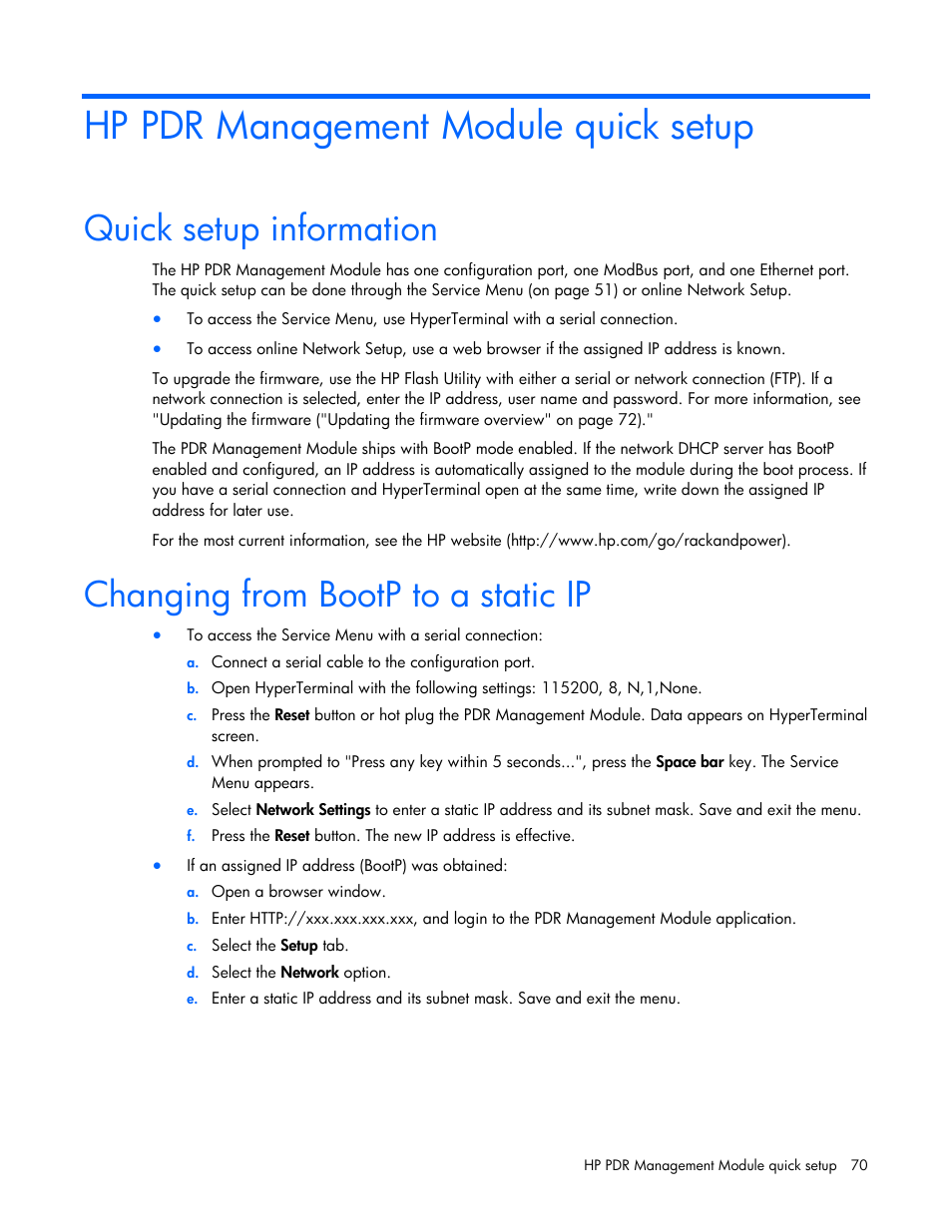 Hp pdr management module quick setup, Quick setup information, Changing from bootp to a static ip | HP Power Distribution Unit Management Module User Manual | Page 70 / 77