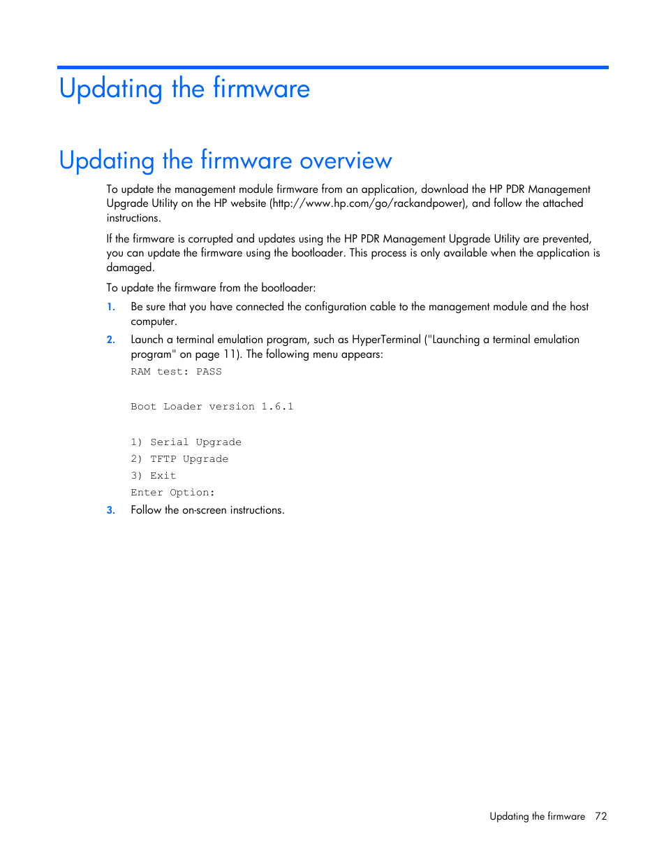 Updating the firmware, Updating the firmware overview | HP Power Distribution Unit Management Module User Manual | Page 72 / 77