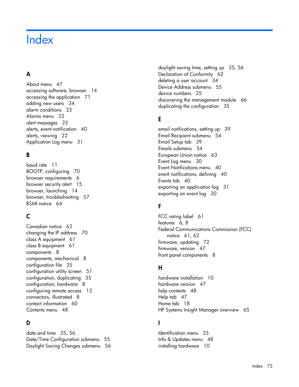 Index | HP Power Distribution Unit Management Module User Manual | Page 75 / 77