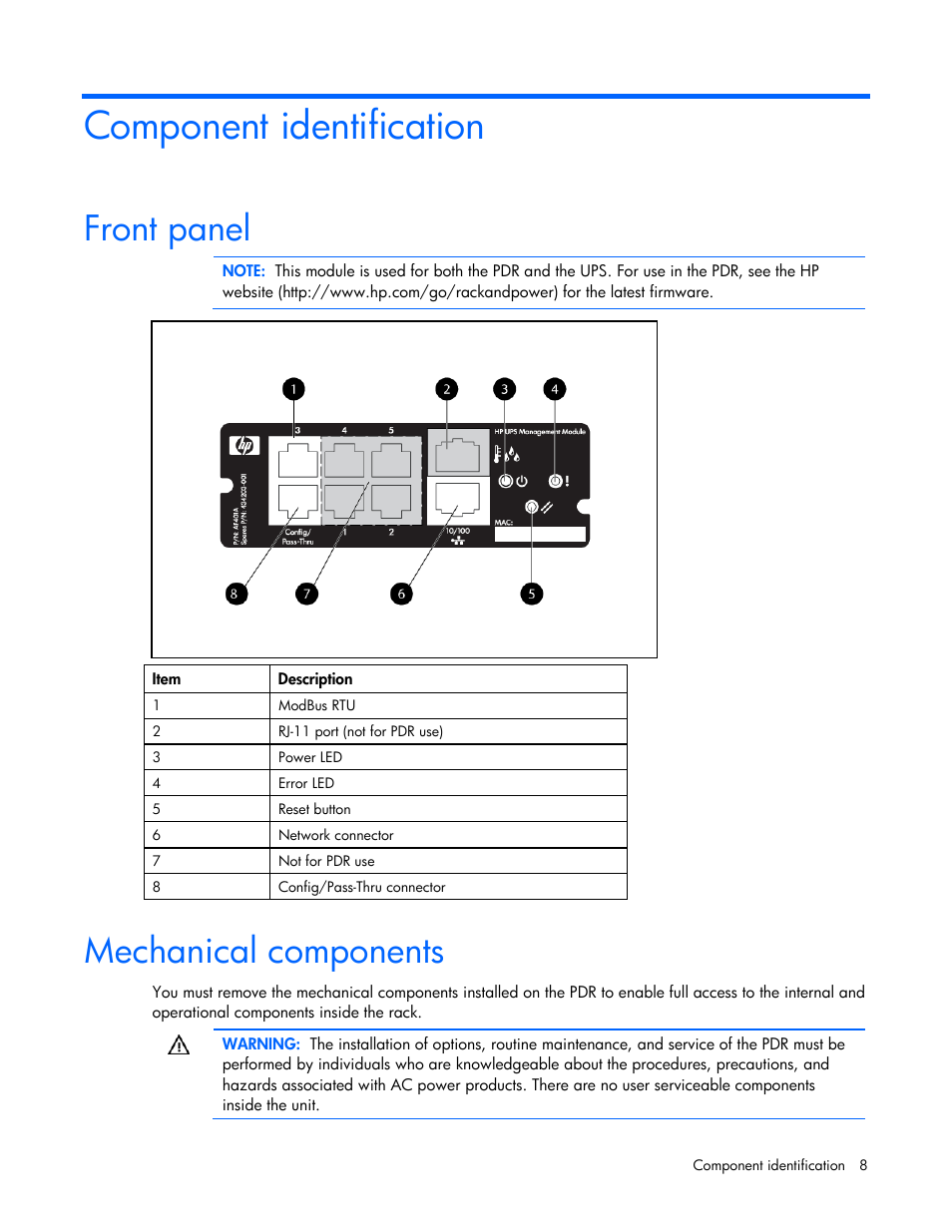 Component identification, Front panel, Mechanical components | Front panel mechanical components | HP Power Distribution Unit Management Module User Manual | Page 8 / 77