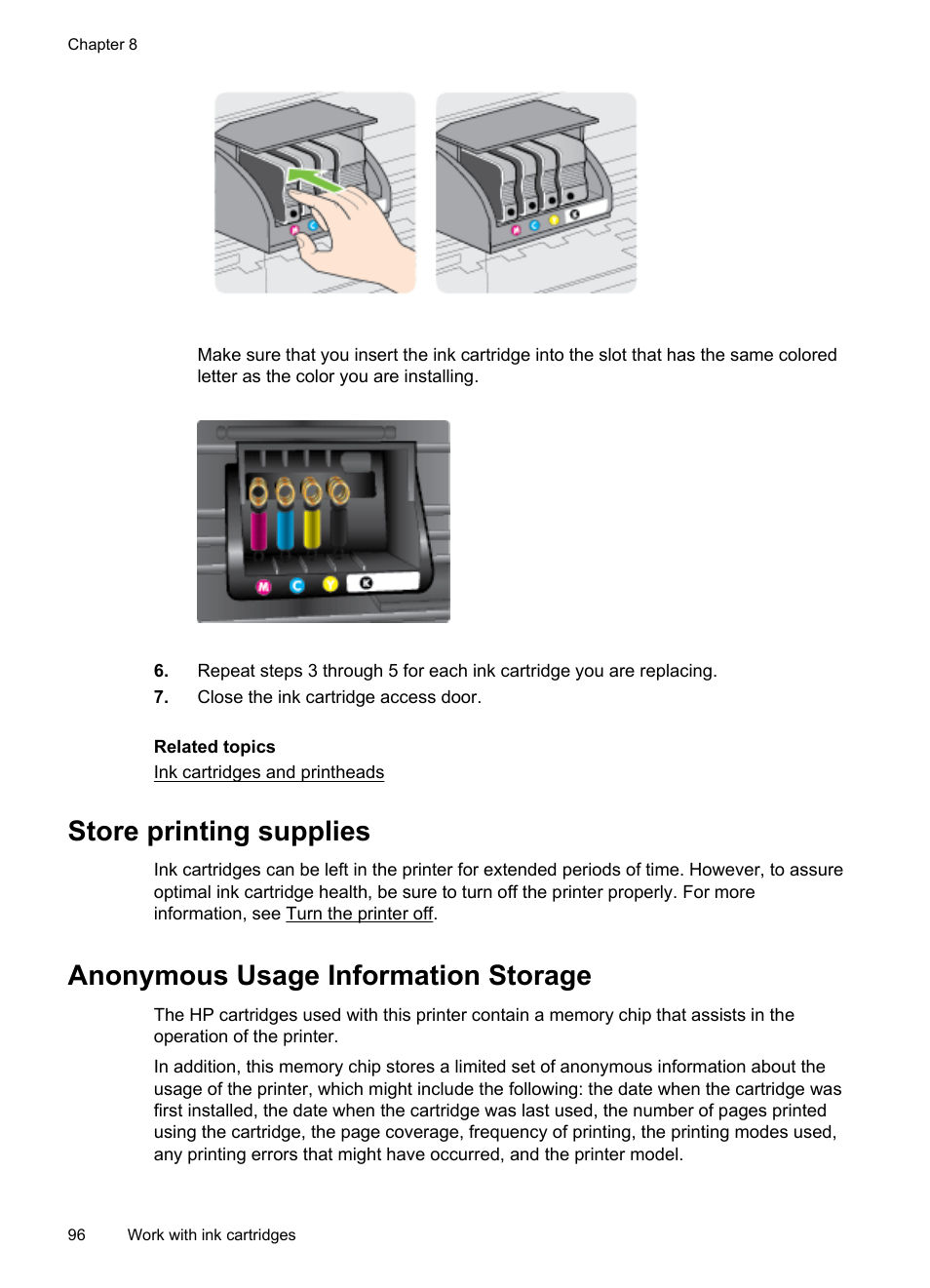 Store printing supplies, Anonymous usage information storage | HP Officejet Pro 276dw Multifunction Printer series User Manual | Page 100 / 260