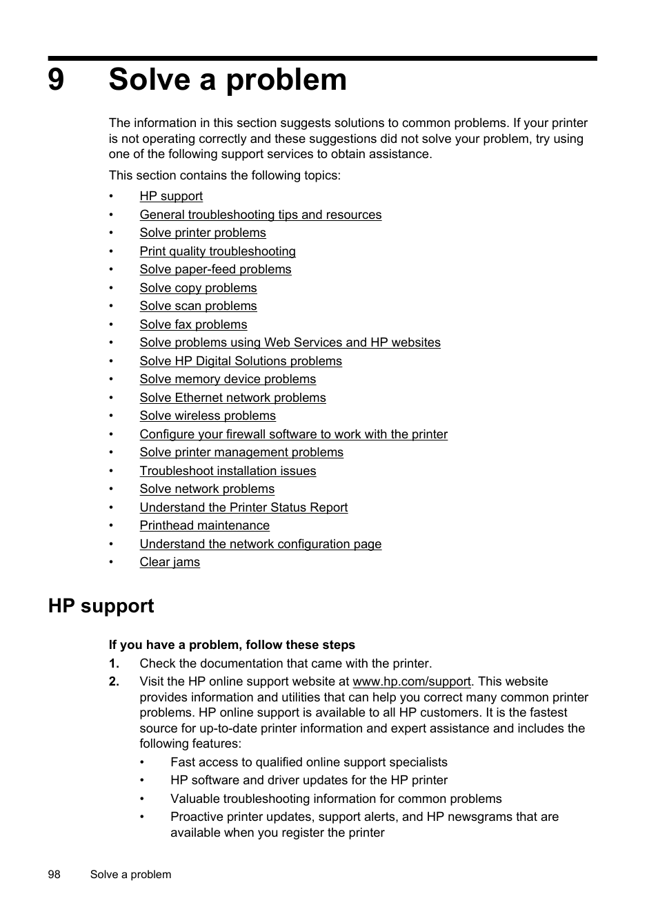 Solve a problem, Hp support, Obtain electronic support hp support by phone | 9solve a problem | HP Officejet Pro 276dw Multifunction Printer series User Manual | Page 102 / 260