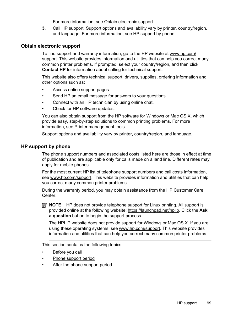 Obtain electronic support, Hp support by phone | HP Officejet Pro 276dw Multifunction Printer series User Manual | Page 103 / 260