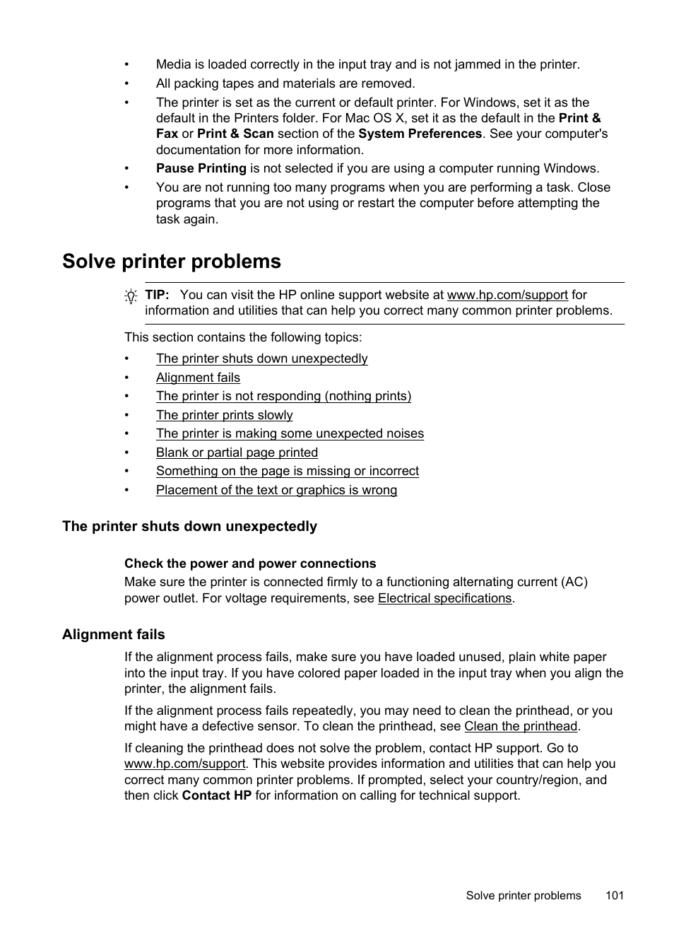 Solve printer problems, The printer shuts down unexpectedly, Alignment fails | He printer is not responding (nothing prints), He printer prints slowly | HP Officejet Pro 276dw Multifunction Printer series User Manual | Page 105 / 260