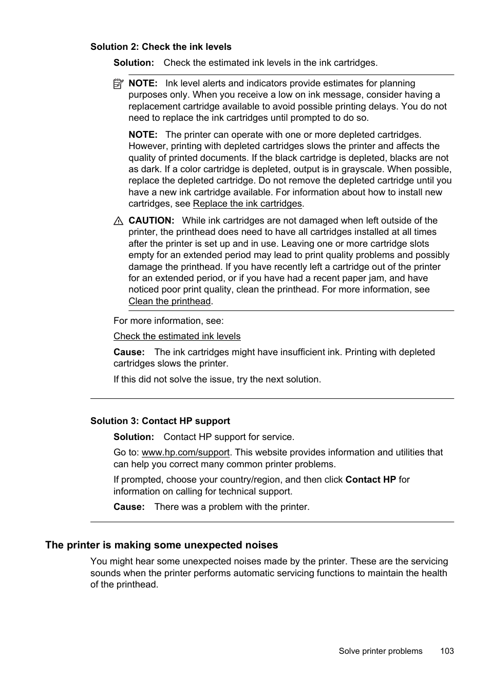 The printer is making some unexpected noises, Solution 2: check the ink levels, Solution 3: contact hp support | HP Officejet Pro 276dw Multifunction Printer series User Manual | Page 107 / 260