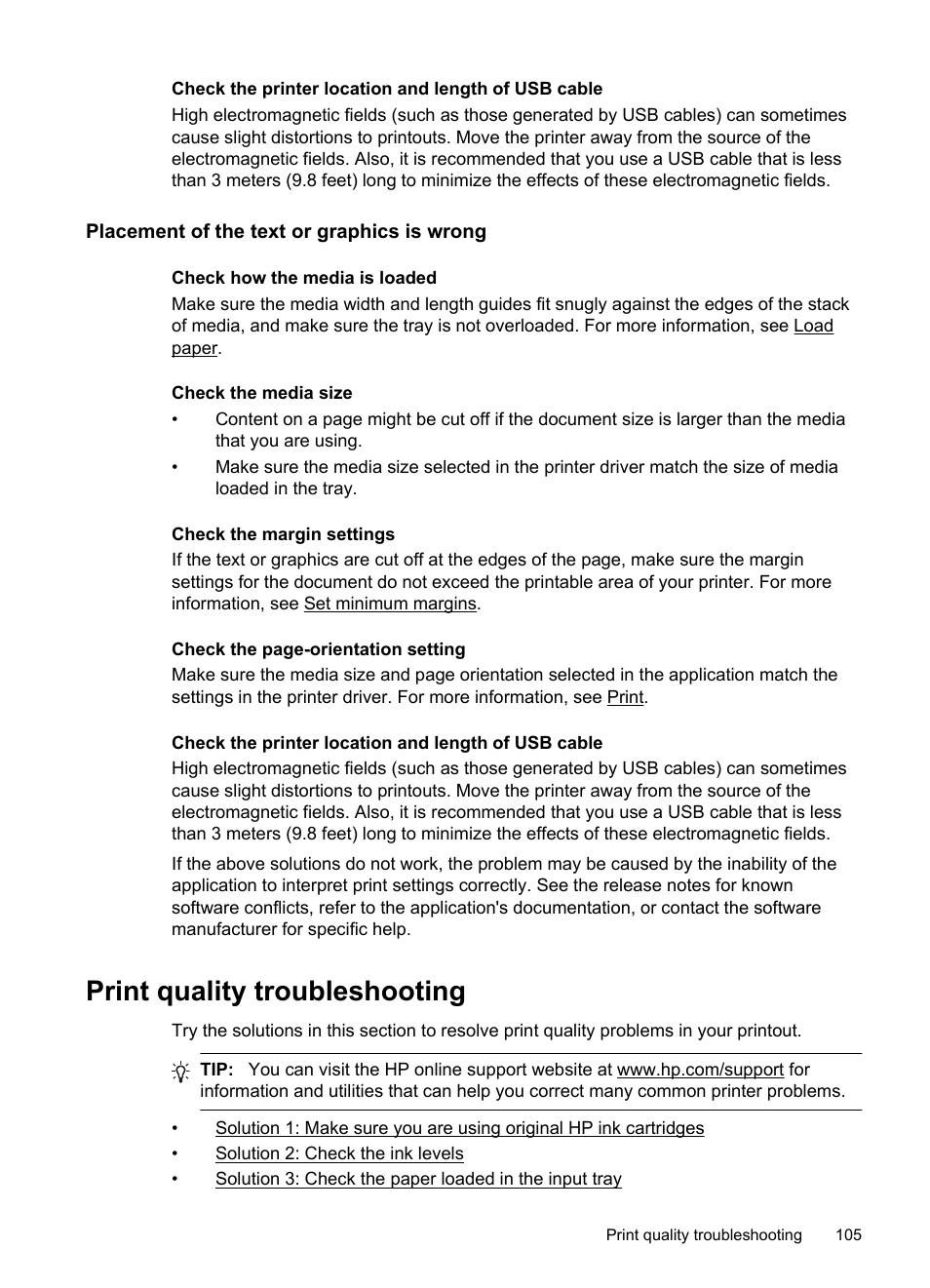 Placement of the text or graphics is wrong, Print quality troubleshooting, See print quality troubleshooting | HP Officejet Pro 276dw Multifunction Printer series User Manual | Page 109 / 260