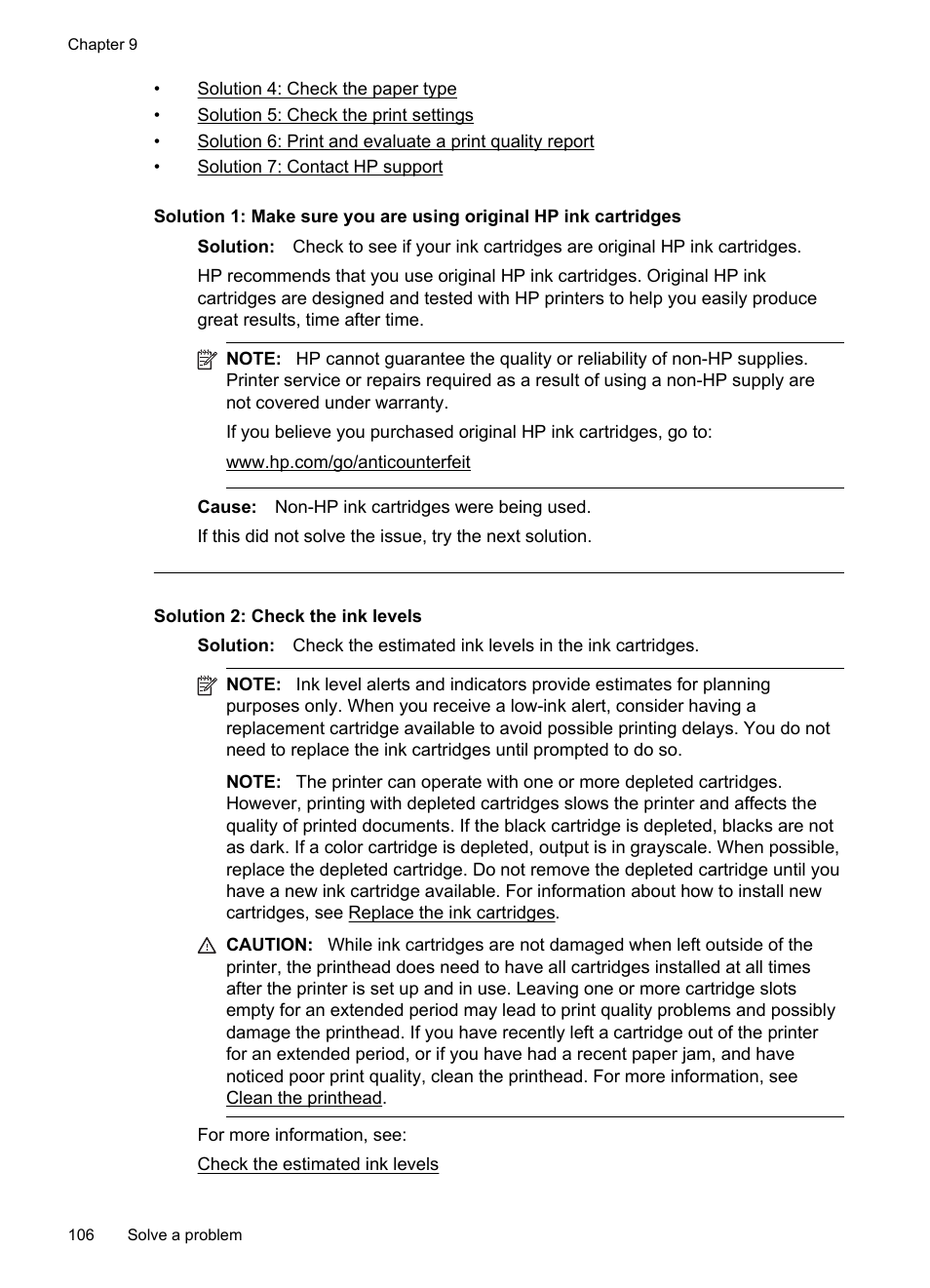Solution 2: check the ink levels | HP Officejet Pro 276dw Multifunction Printer series User Manual | Page 110 / 260