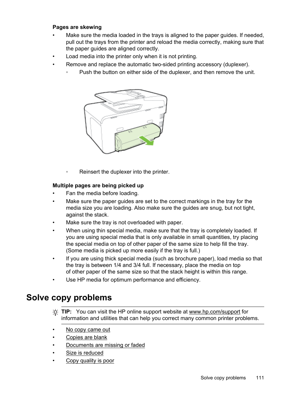 Solve copy problems | HP Officejet Pro 276dw Multifunction Printer series User Manual | Page 115 / 260