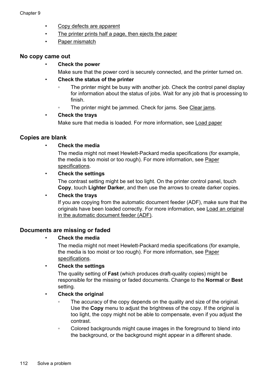 No copy came out, Copies are blank, Documents are missing or faded | HP Officejet Pro 276dw Multifunction Printer series User Manual | Page 116 / 260