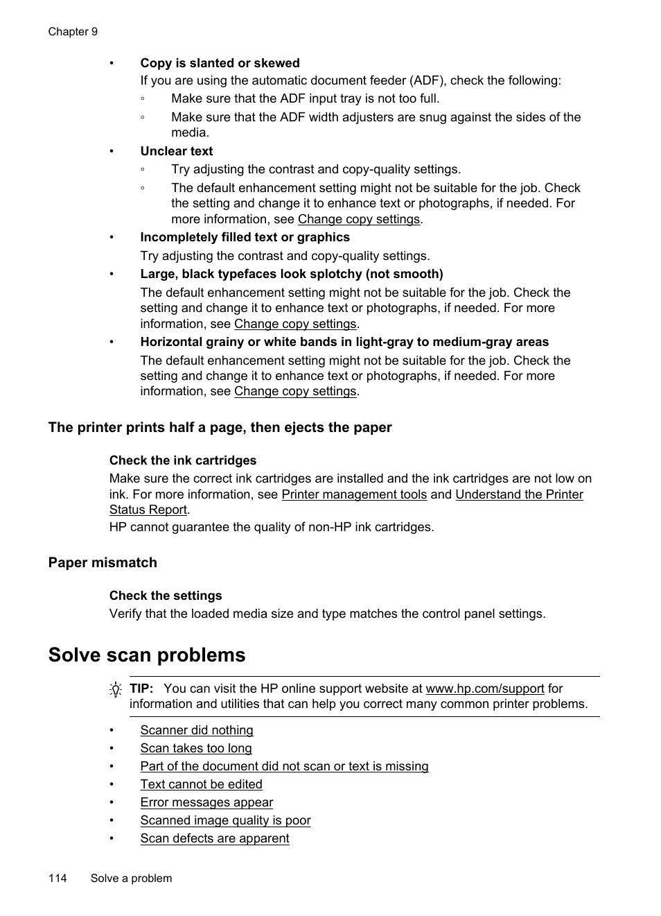 Paper mismatch, Solve scan problems | HP Officejet Pro 276dw Multifunction Printer series User Manual | Page 118 / 260