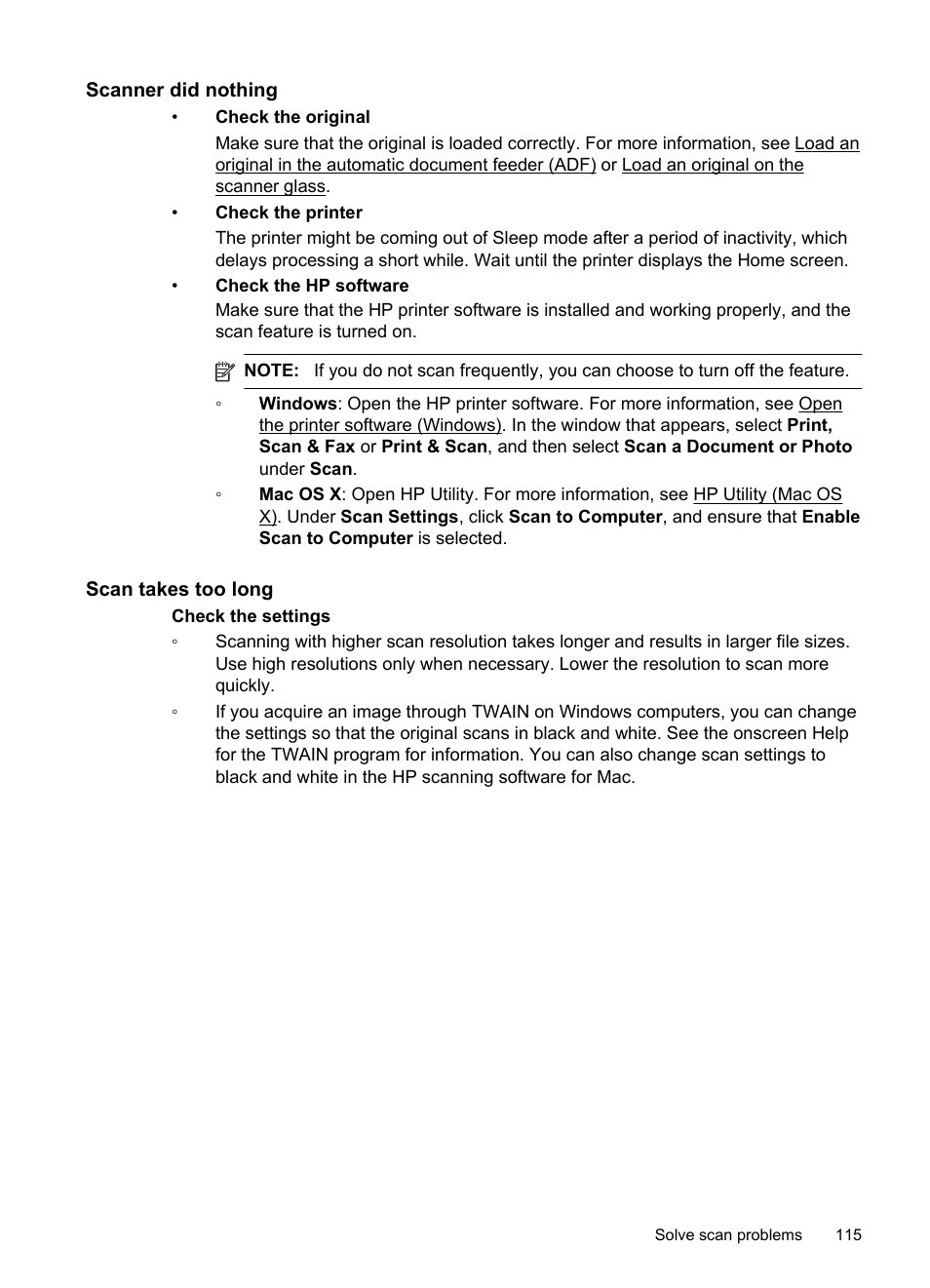 Scanner did nothing, Scan takes too long | HP Officejet Pro 276dw Multifunction Printer series User Manual | Page 119 / 260