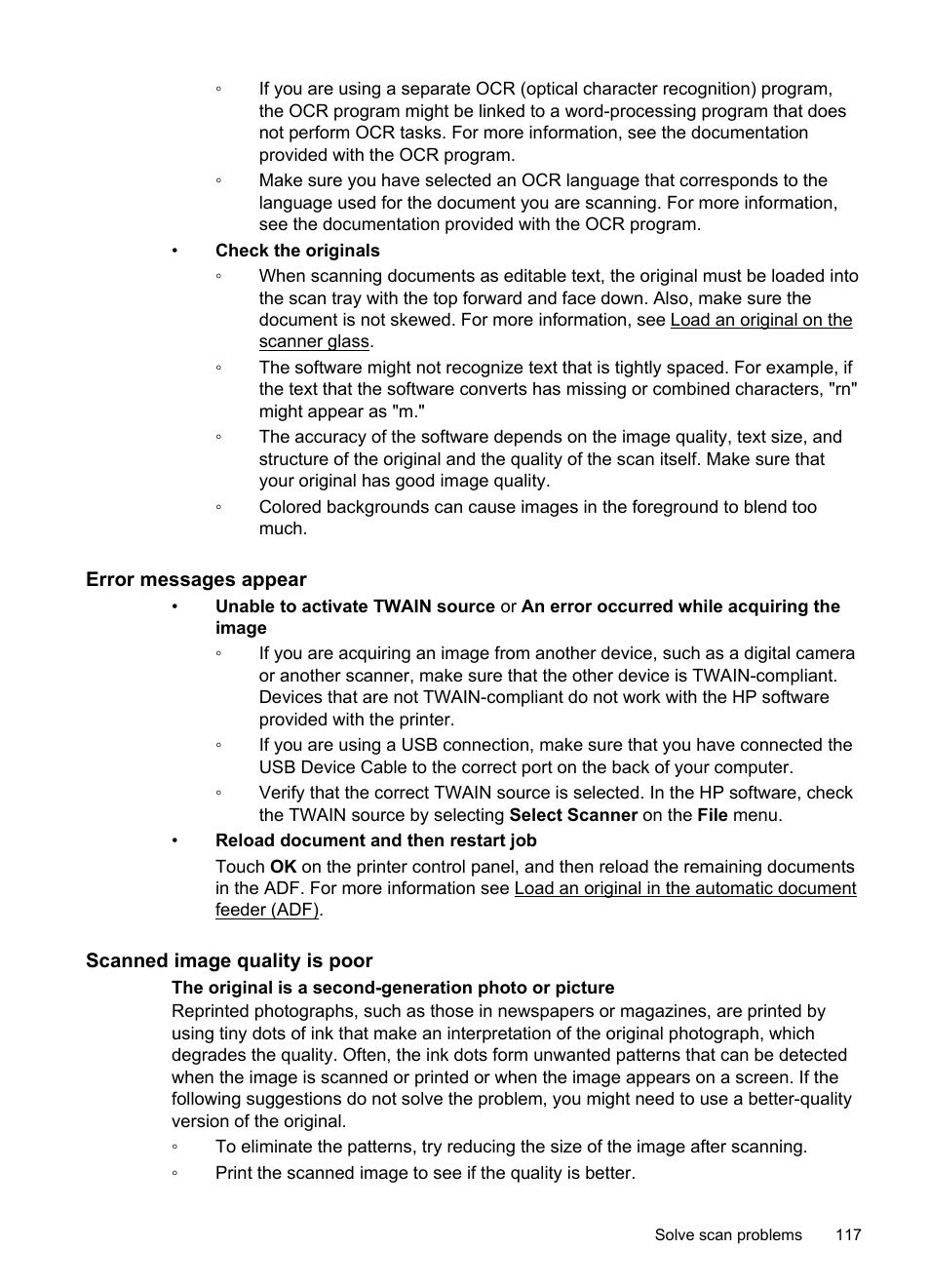 Error messages appear, Scanned image quality is poor | HP Officejet Pro 276dw Multifunction Printer series User Manual | Page 121 / 260