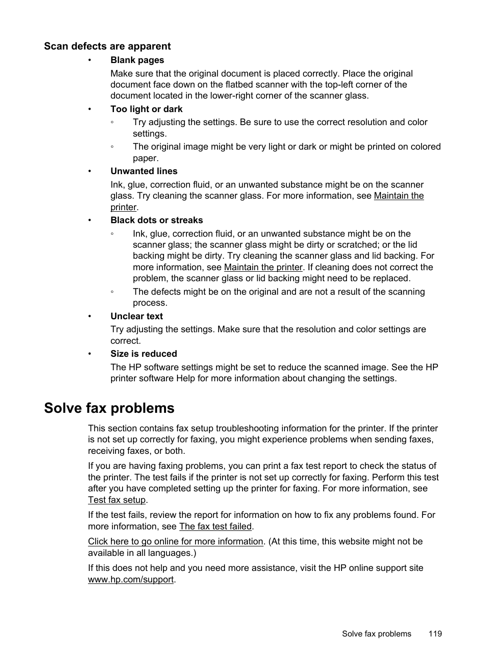 Scan defects are apparent, Solve fax problems, He fax test failed | HP Officejet Pro 276dw Multifunction Printer series User Manual | Page 123 / 260