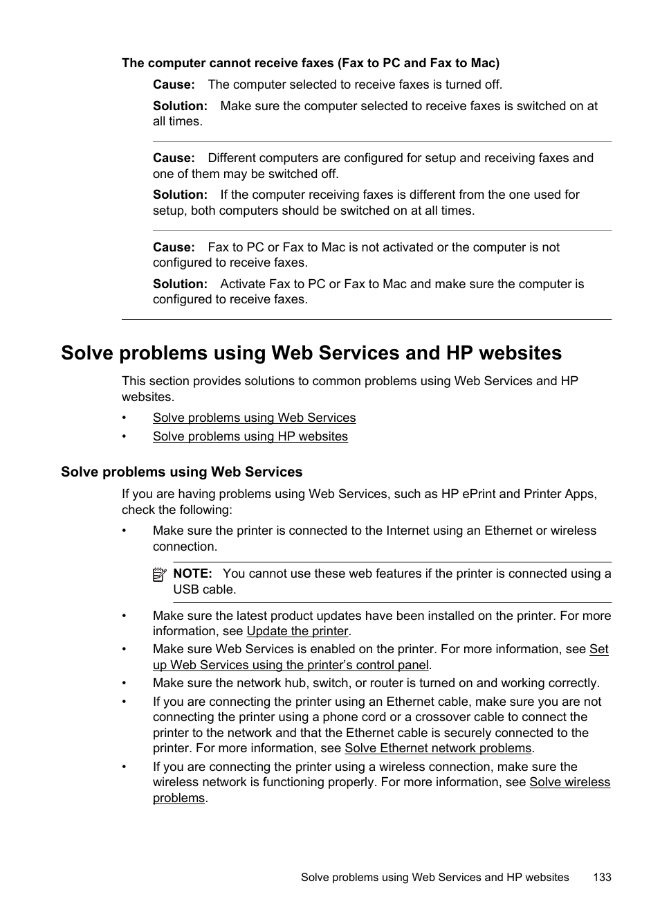 Solve problems using web services and hp websites, Solve problems using web services | HP Officejet Pro 276dw Multifunction Printer series User Manual | Page 137 / 260