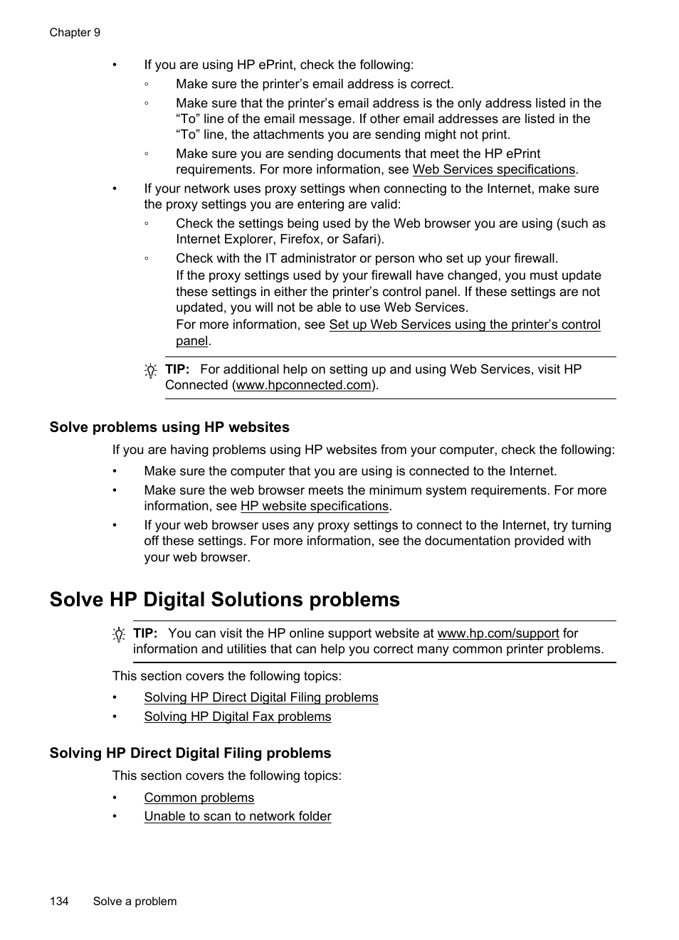 Solve problems using hp websites, Solve hp digital solutions problems, Solving hp direct digital filing problems | Solving hp digital fax problems | HP Officejet Pro 276dw Multifunction Printer series User Manual | Page 138 / 260