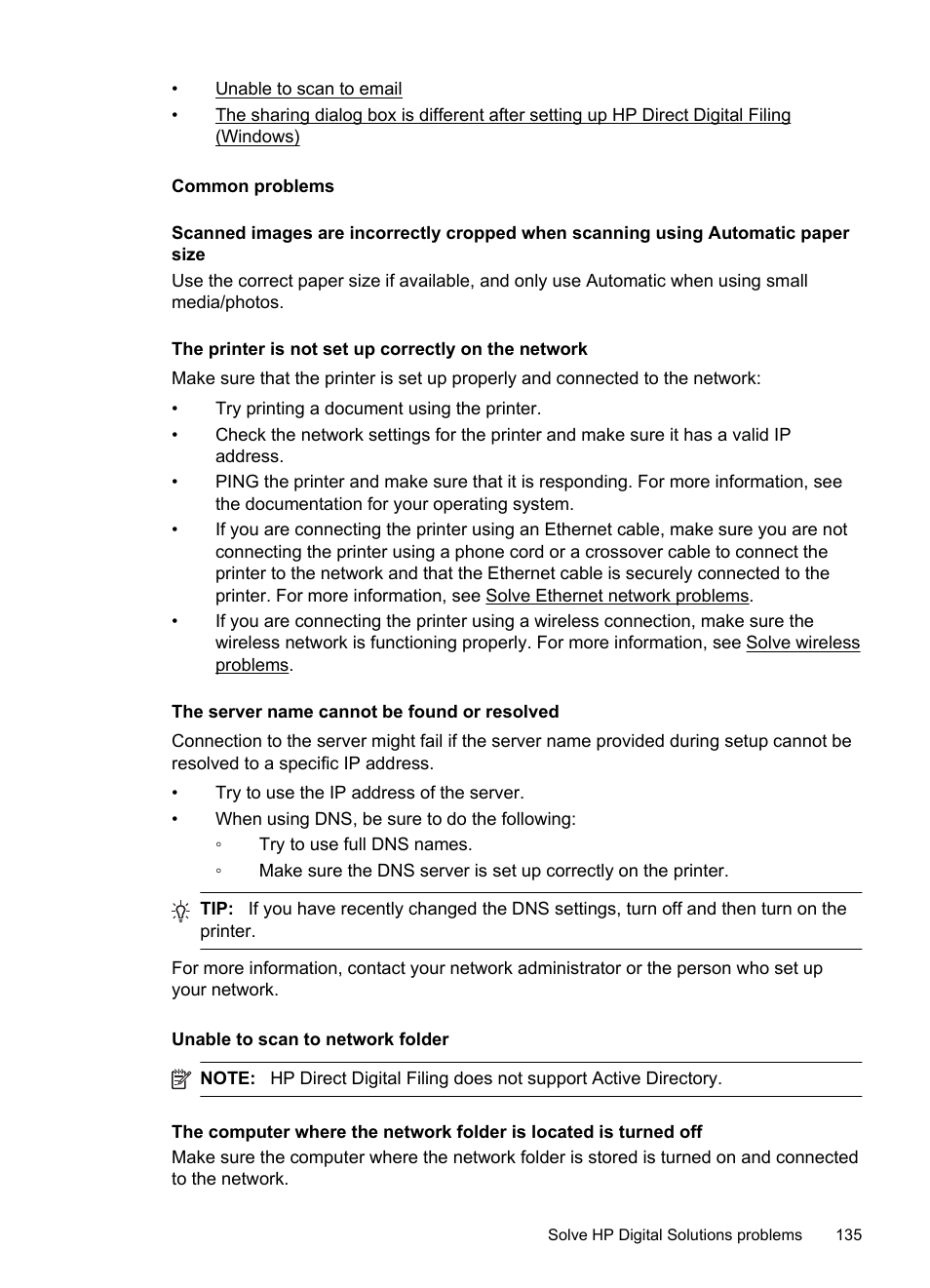 Common problems, Unable to scan to network folder | HP Officejet Pro 276dw Multifunction Printer series User Manual | Page 139 / 260