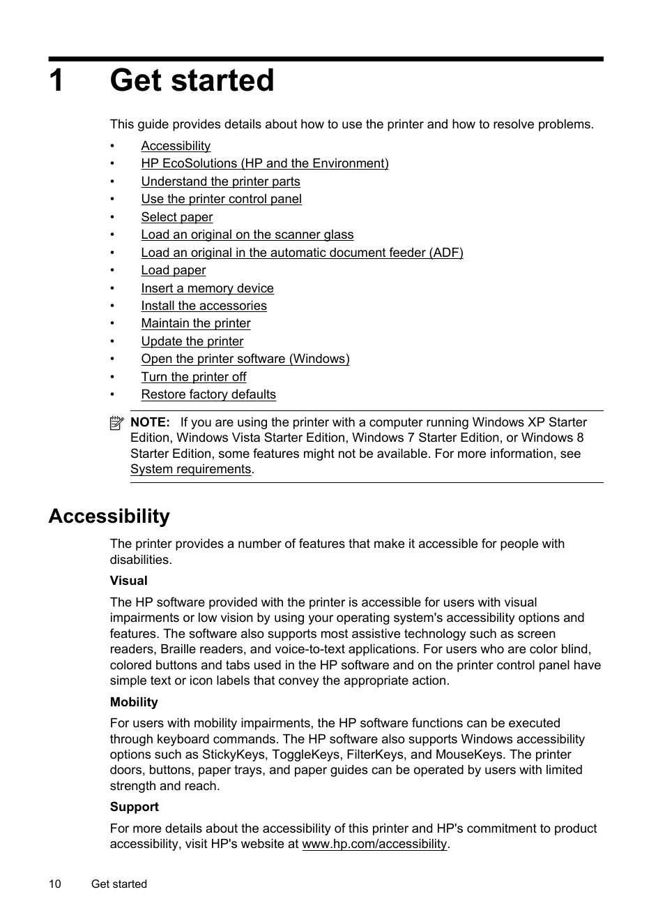 Get started, Accessibility, 1get started | HP Officejet Pro 276dw Multifunction Printer series User Manual | Page 14 / 260