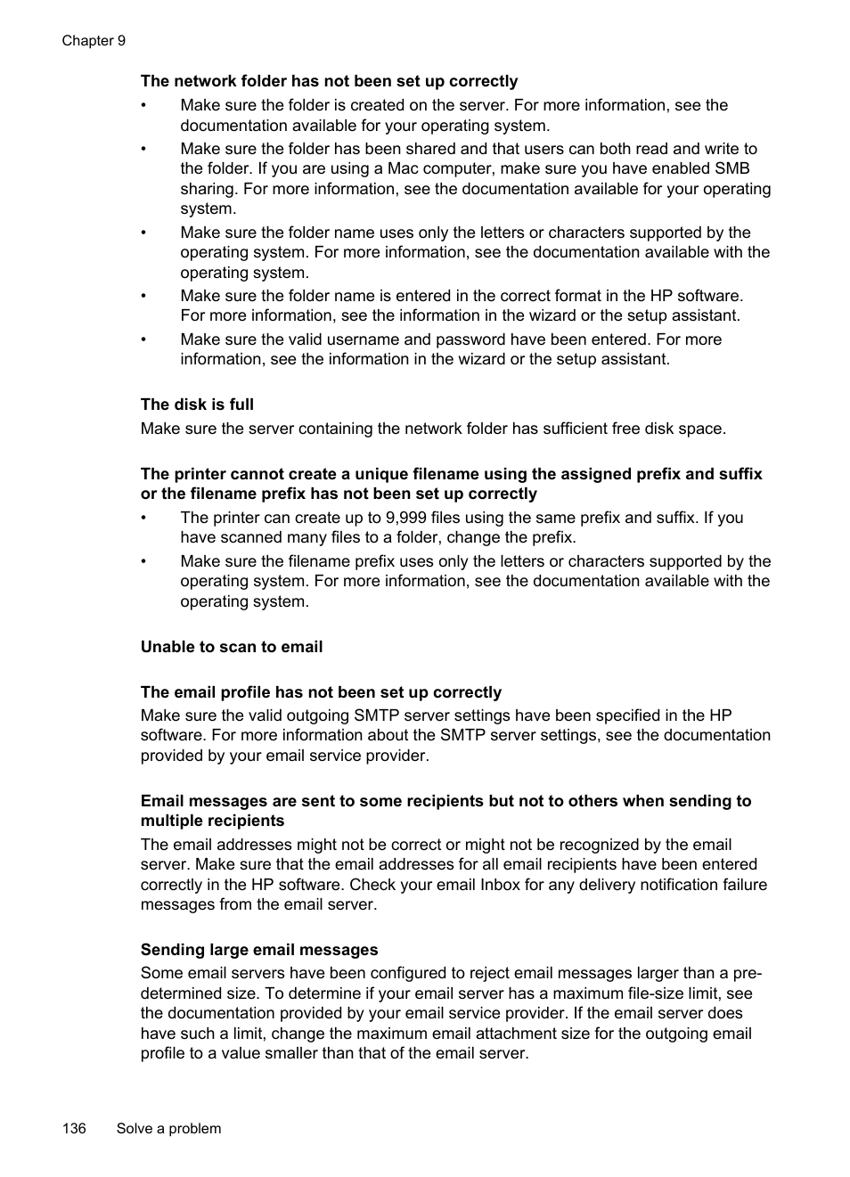 Unable to scan to email | HP Officejet Pro 276dw Multifunction Printer series User Manual | Page 140 / 260