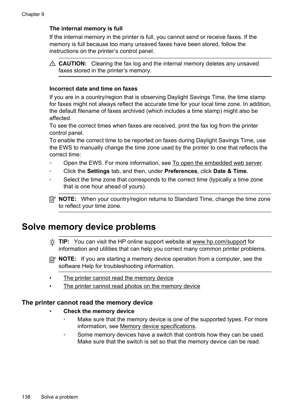 Solve memory device problems, The printer cannot read the memory device, He printer cannot read photos on the memory device | HP Officejet Pro 276dw Multifunction Printer series User Manual | Page 142 / 260