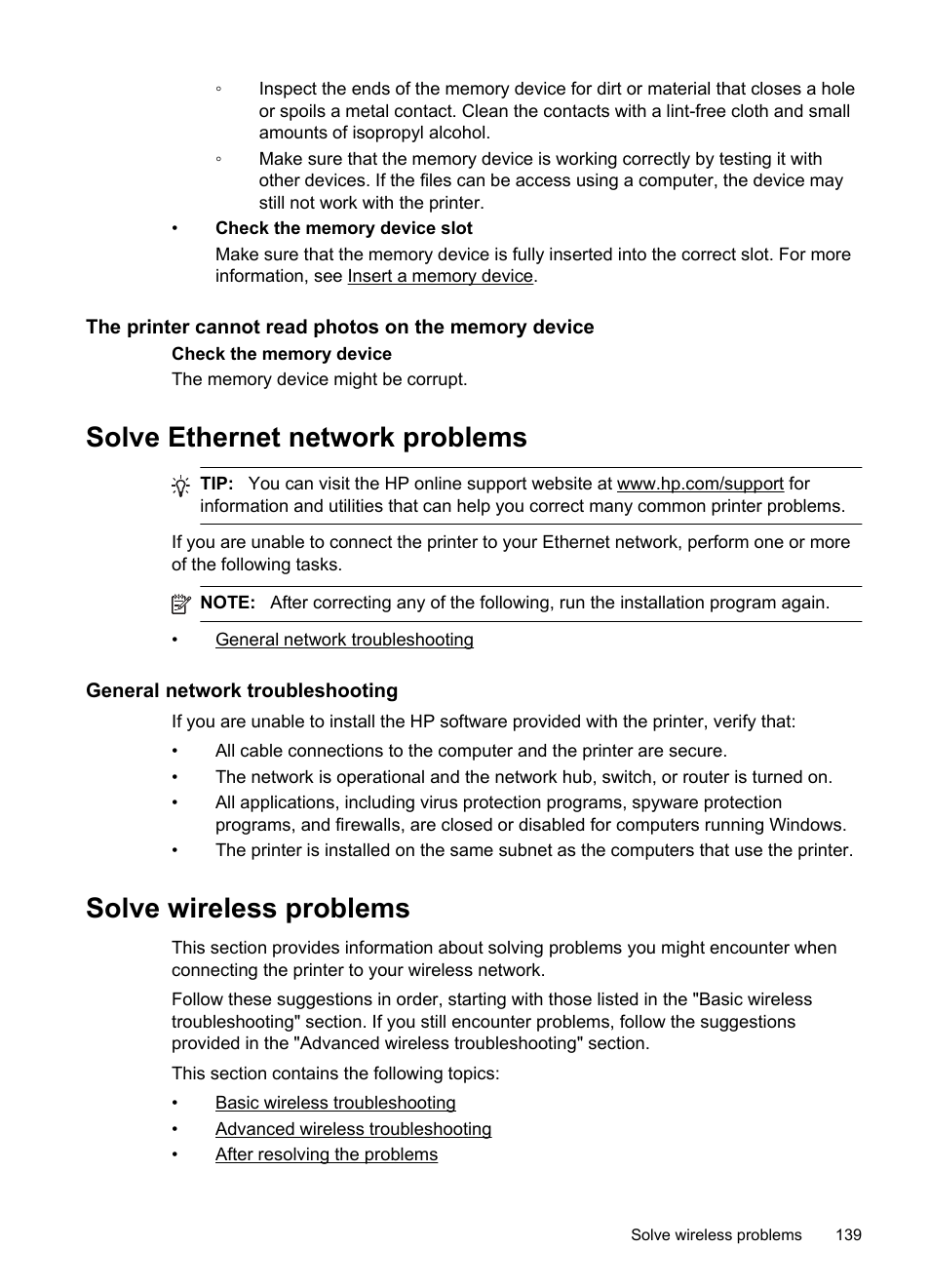 Solve ethernet network problems, General network troubleshooting, Solve wireless problems | Basic wireless troubleshooting, Advanced wireless troubleshooting, After resolving the problems | HP Officejet Pro 276dw Multifunction Printer series User Manual | Page 143 / 260