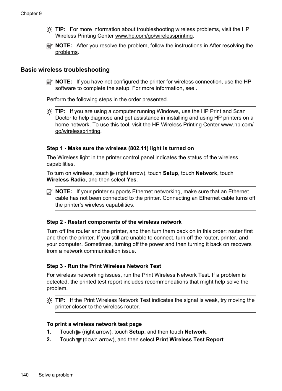 Basic wireless troubleshooting, Step 3 - run the print wireless network test | HP Officejet Pro 276dw Multifunction Printer series User Manual | Page 144 / 260