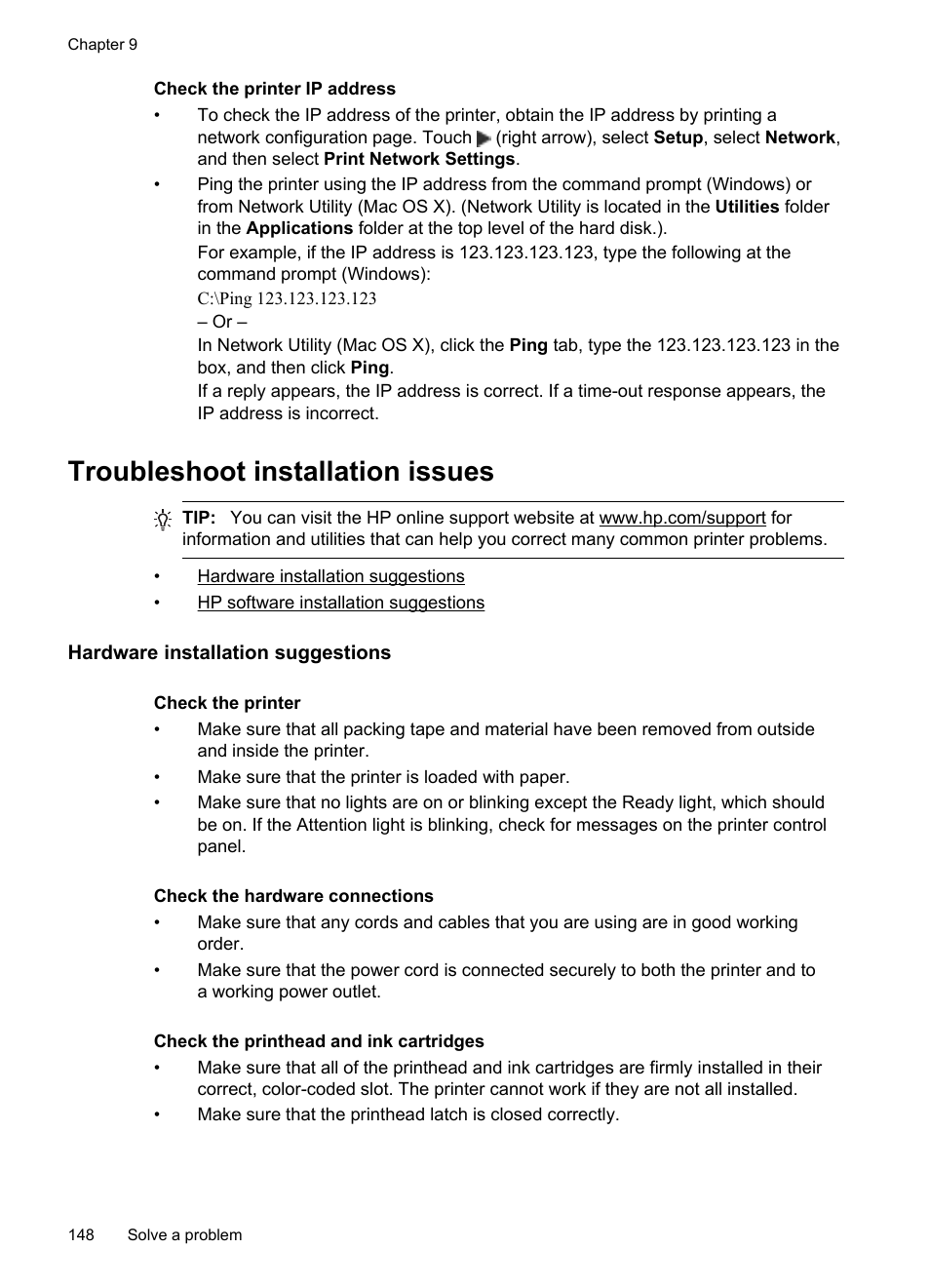 Troubleshoot installation issues, Hardware installation suggestions | HP Officejet Pro 276dw Multifunction Printer series User Manual | Page 152 / 260