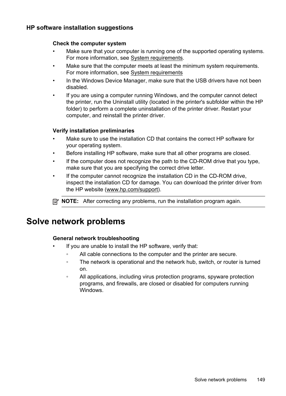 Hp software installation suggestions, Solve network problems | HP Officejet Pro 276dw Multifunction Printer series User Manual | Page 153 / 260