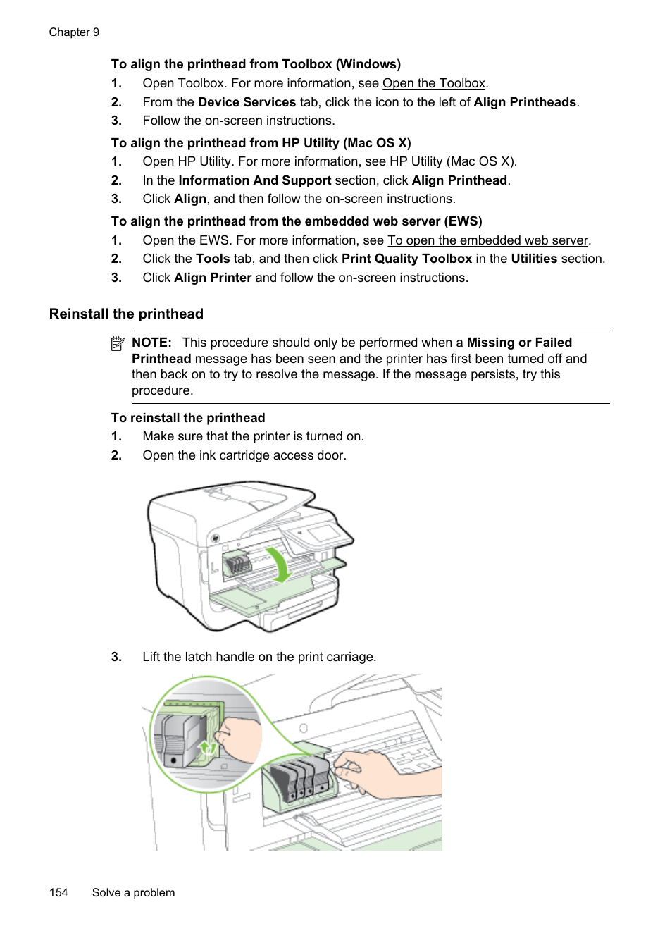 Reinstall the printhead | HP Officejet Pro 276dw Multifunction Printer series User Manual | Page 158 / 260