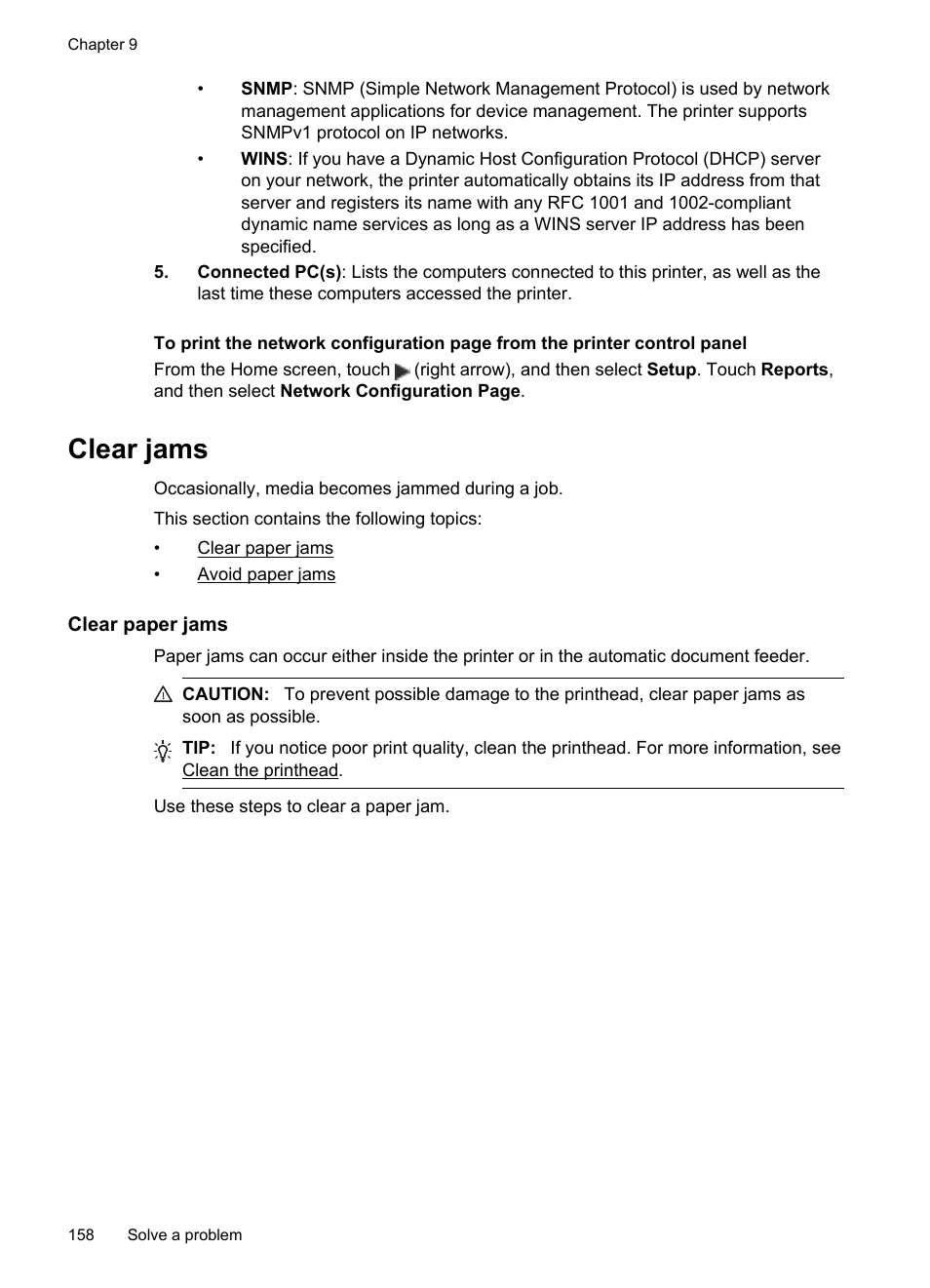 Clear jams, Clear paper jams, Clear paper jams avoid paper jams | HP Officejet Pro 276dw Multifunction Printer series User Manual | Page 162 / 260