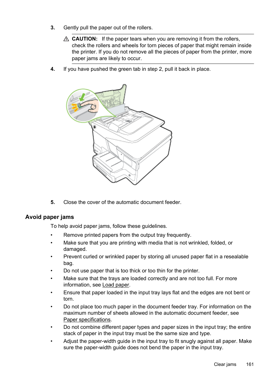 Avoid paper jams | HP Officejet Pro 276dw Multifunction Printer series User Manual | Page 165 / 260