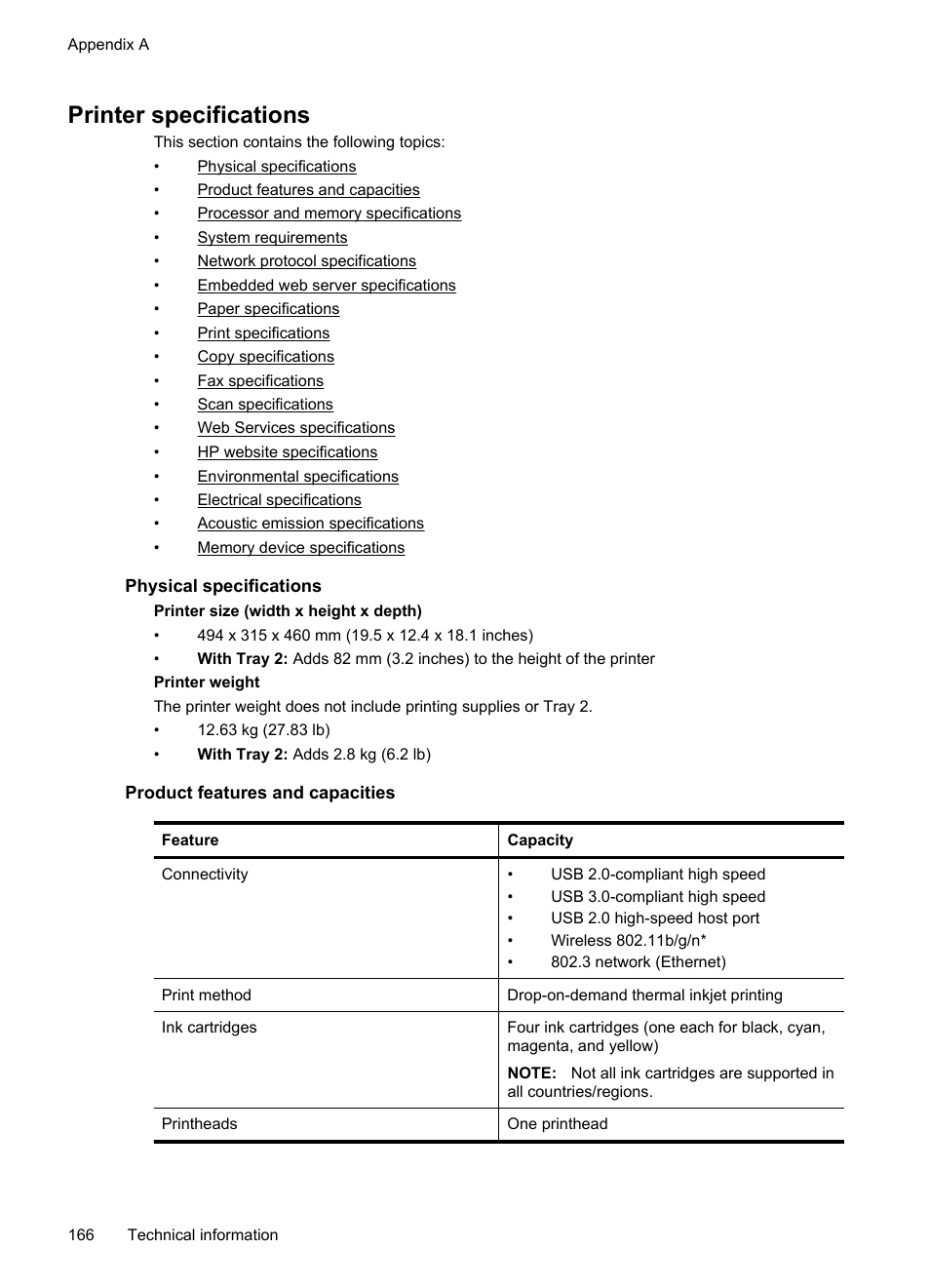 Printer specifications, Physical specifications, Product features and capacities | Print specifications copy specifications, Hp eprint printer apps, Memory card specifications usb flash drives | HP Officejet Pro 276dw Multifunction Printer series User Manual | Page 170 / 260