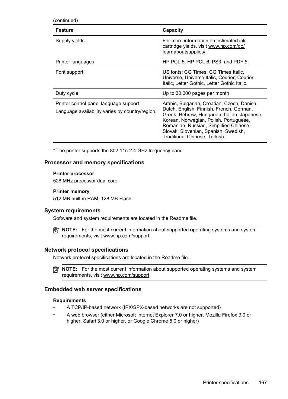 Processor and memory specifications, System requirements, Network protocol specifications | Embedded web server specifications | HP Officejet Pro 276dw Multifunction Printer series User Manual | Page 171 / 260