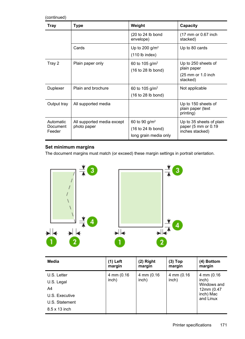 Set minimum margins | HP Officejet Pro 276dw Multifunction Printer series User Manual | Page 175 / 260