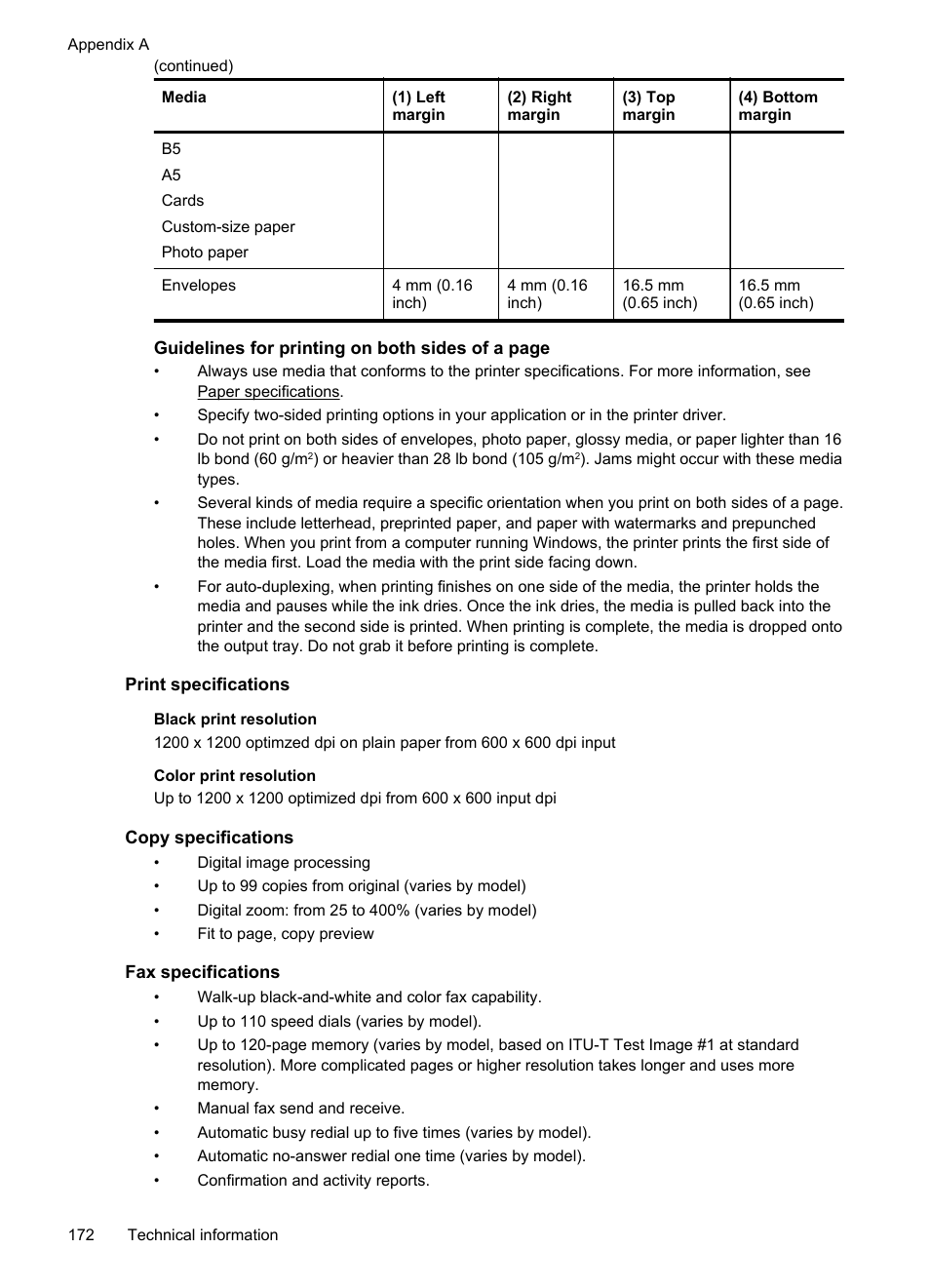 Print specifications, Copy specifications, Fax specifications | HP Officejet Pro 276dw Multifunction Printer series User Manual | Page 176 / 260