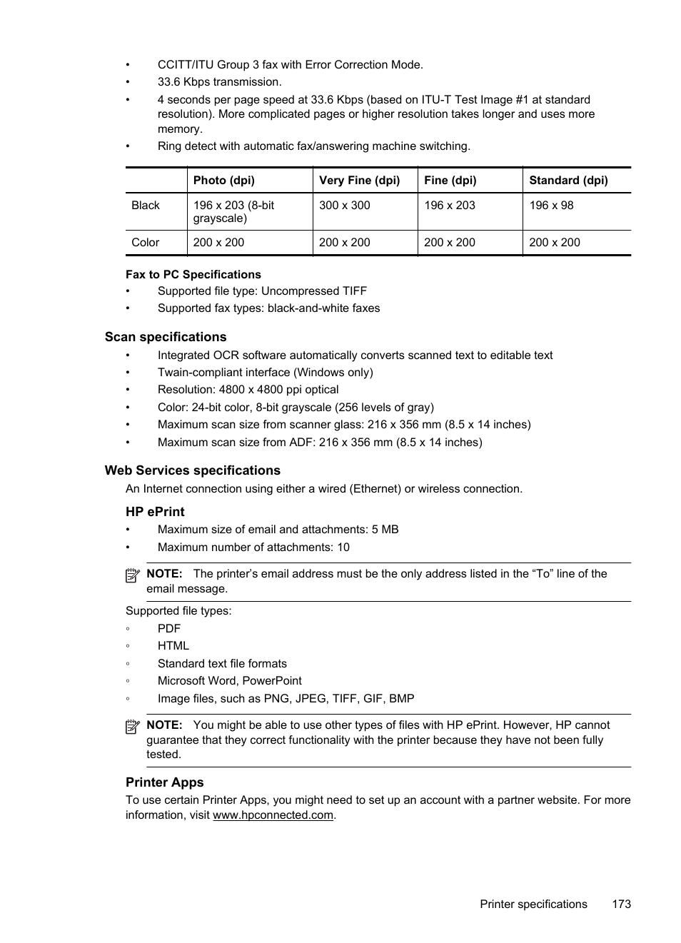 Scan specifications, Web services specifications, Hp eprint | Printer apps, See web services specifications | HP Officejet Pro 276dw Multifunction Printer series User Manual | Page 177 / 260